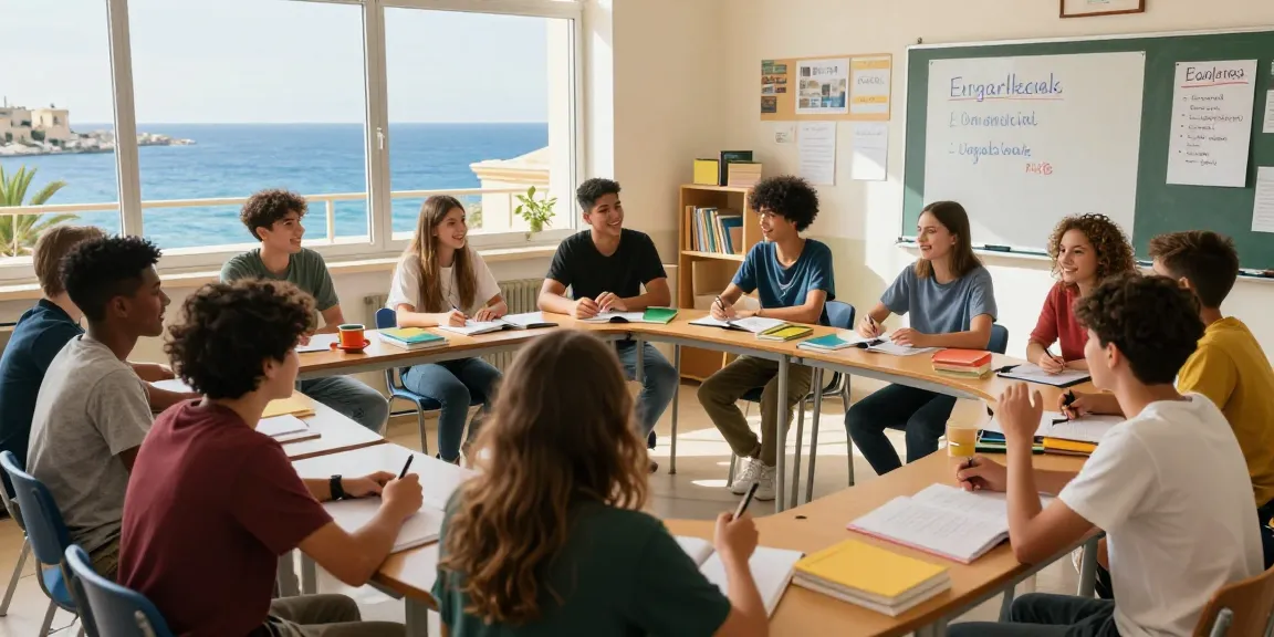 Étudiants engagés dans un cours dynamique d'anglais à Malte, illustrant l'expérience d'apprentissage immersive.