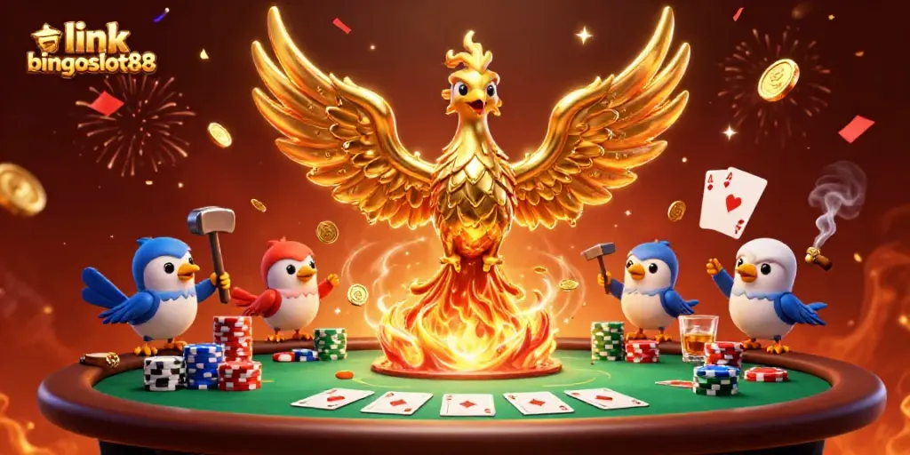 Permainan seru di link bingoslot88 dengan phoenix emas dan elemen kasino yang menarik.