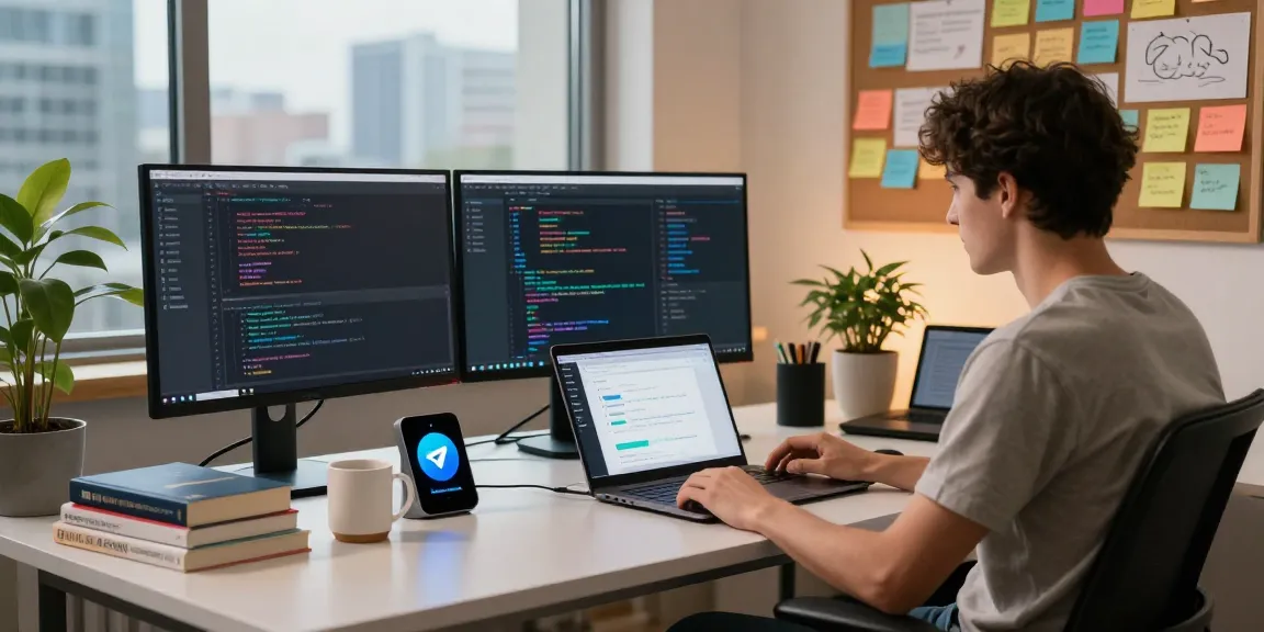Developer coding telegram china bots in a vibrant tech workspace