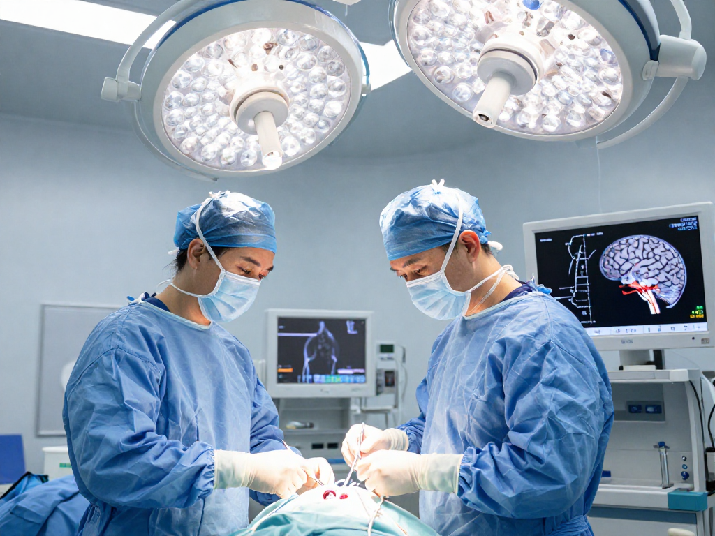 Brain tumor surgery in progress, showcasing advanced medical techniques and professional surgical team performing beyin tümörü ameliyatı.