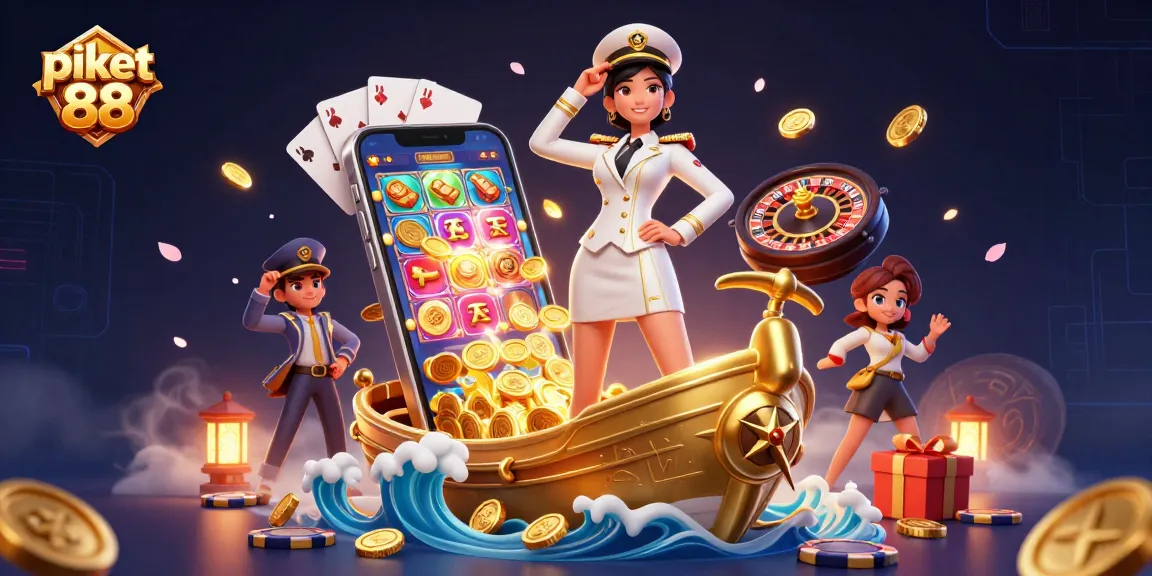 Piket 88 presents an energetic gambling scene with slot games and vibrant gold coins erupting around a commanding figure.
