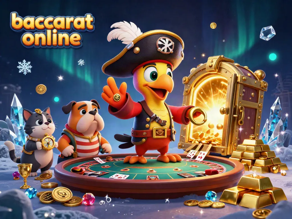 Baccarat online adventure with cartoon pirate captain, bulldog, and ship's cat at a vibrant casino.