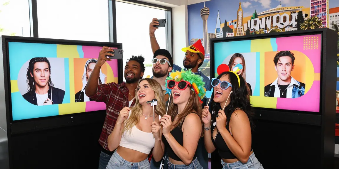Friends enjoying a photo booth to find their celebrity look alike with fun props and bright atmosphere.