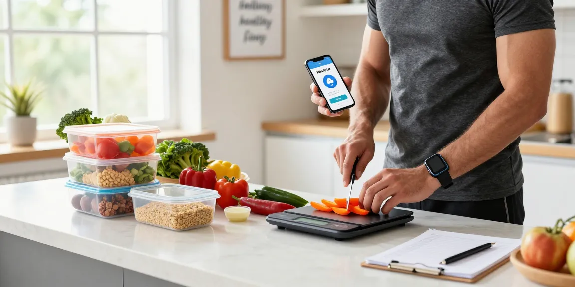 Person using the best calorie tracker app while meal prepping in a bright kitchen.