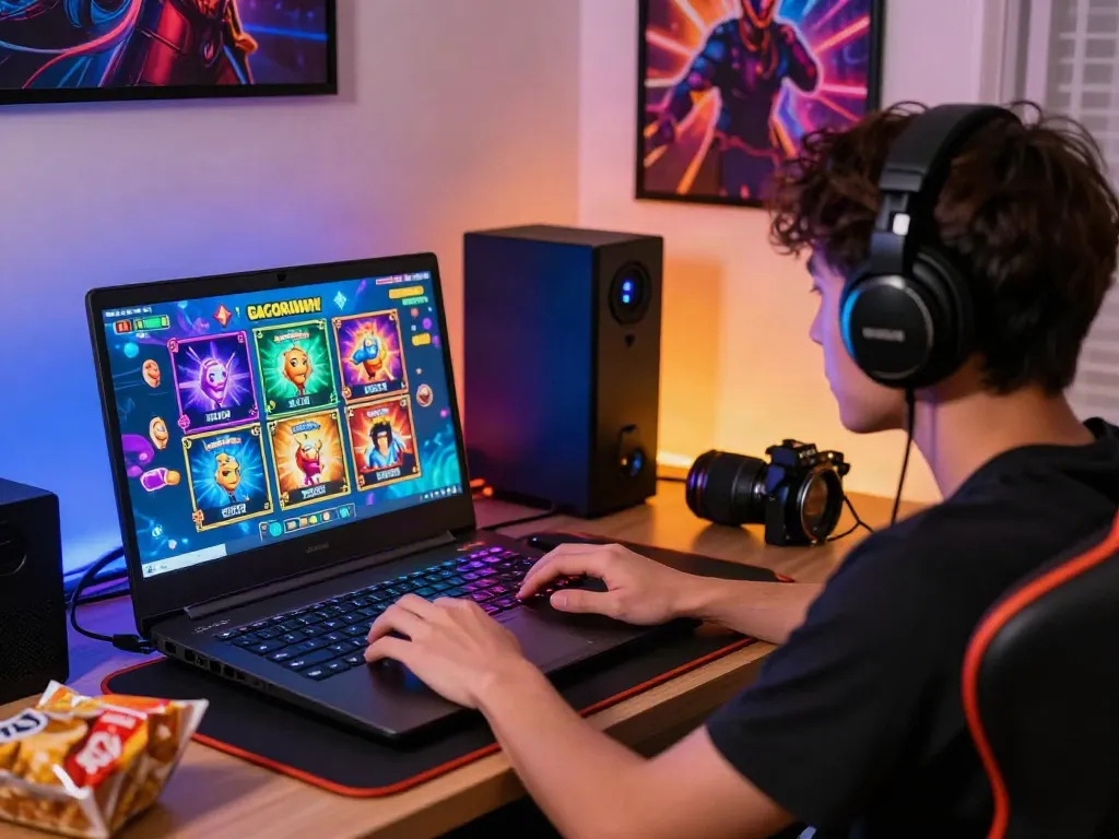 Player exploring slot gacor demo on a laptop in a cozy gaming setup, showcasing vibrant graphics and gaming accessories.