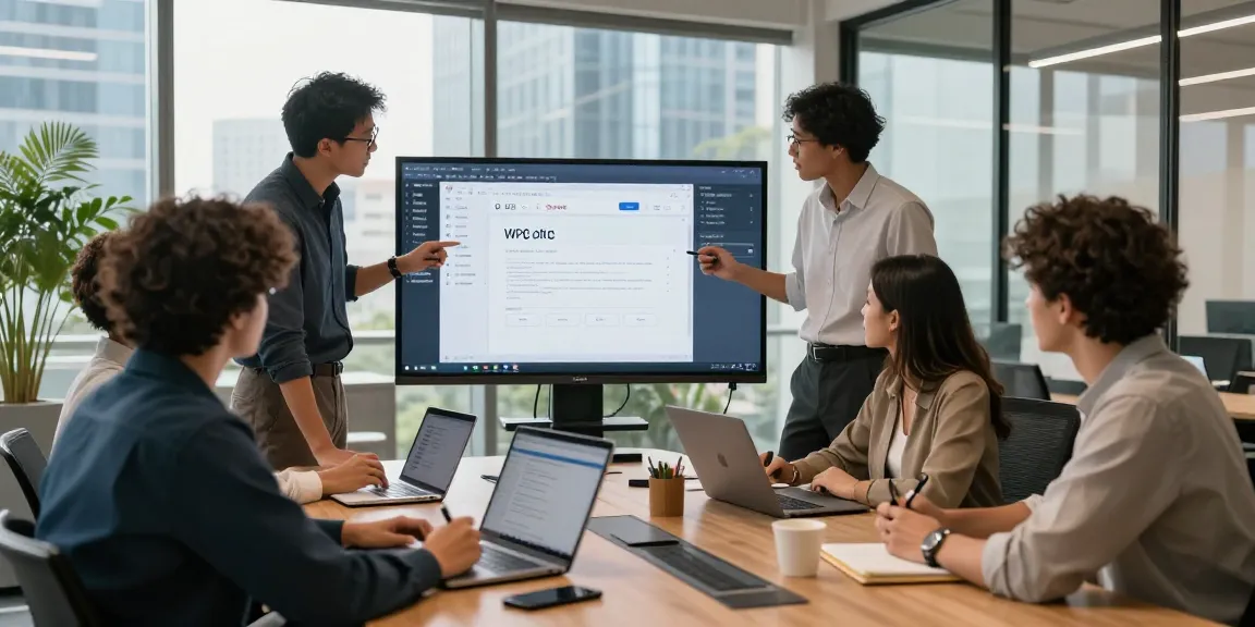 Team collaborating in a modern office using wps下载 for seamless document editing and sharing.