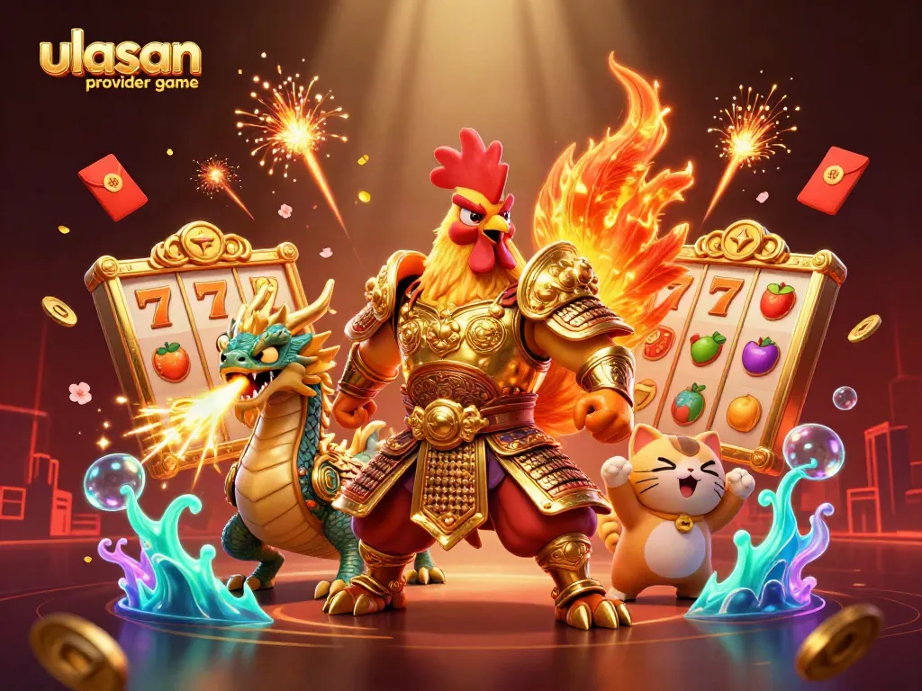 Ulasan provider game dengan ilustrasi pertarungan ayam berani di kasino 3D penuh energi.