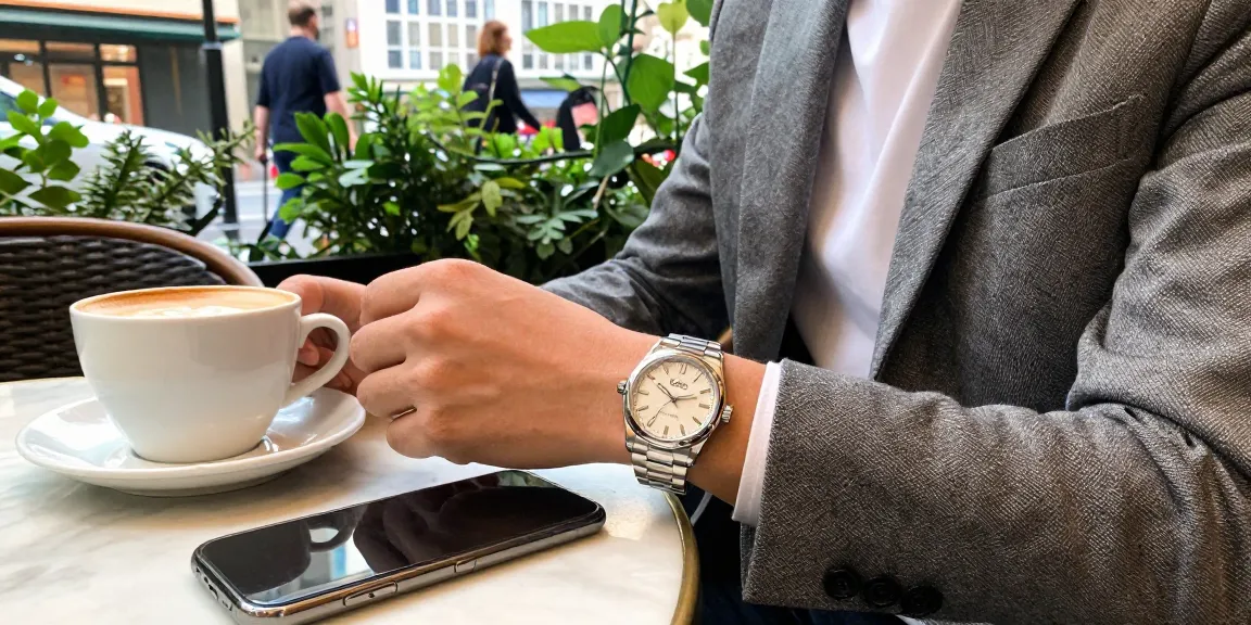 Elegant individual showcasing a premium clone watch in a chic café setting, emphasizing luxury and lifestyle.