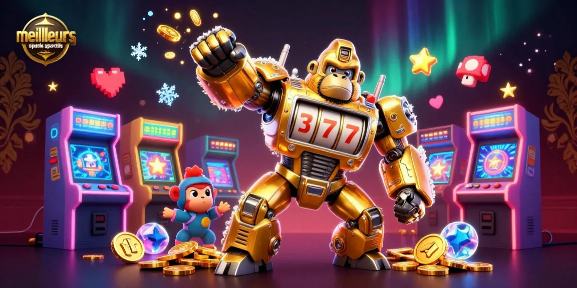 Visualisez les meilleurs sites de paris sportifs avec des machines à sous en arrière-plan et un gorille mech doré en action.