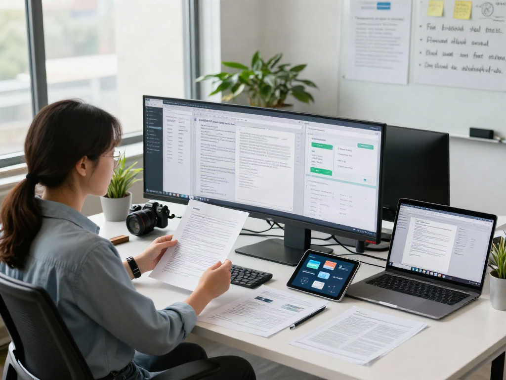 Document fraud detection software being analyzed by a data analyst in a modern workspace.