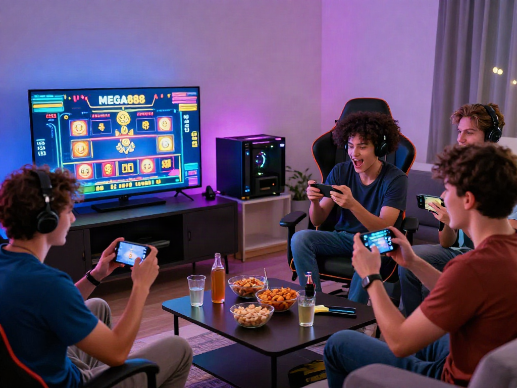 Group enjoying MEGA888 gaming in a cozy modern living room.