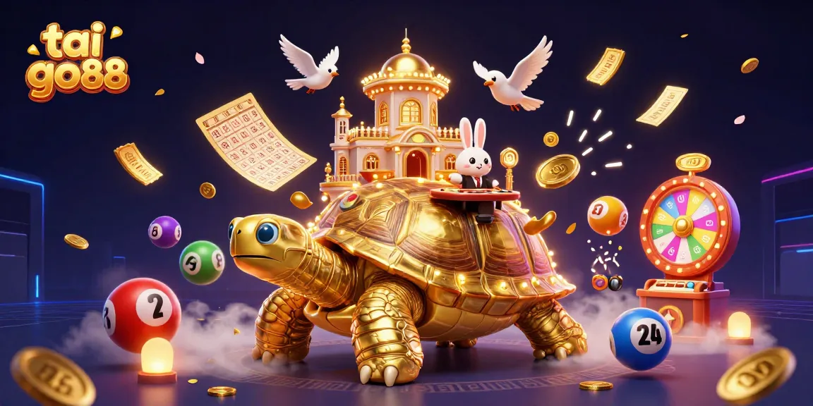 Experience tai go88 with a vibrant illustration featuring a golden tortoise casino and dynamic lottery elements.