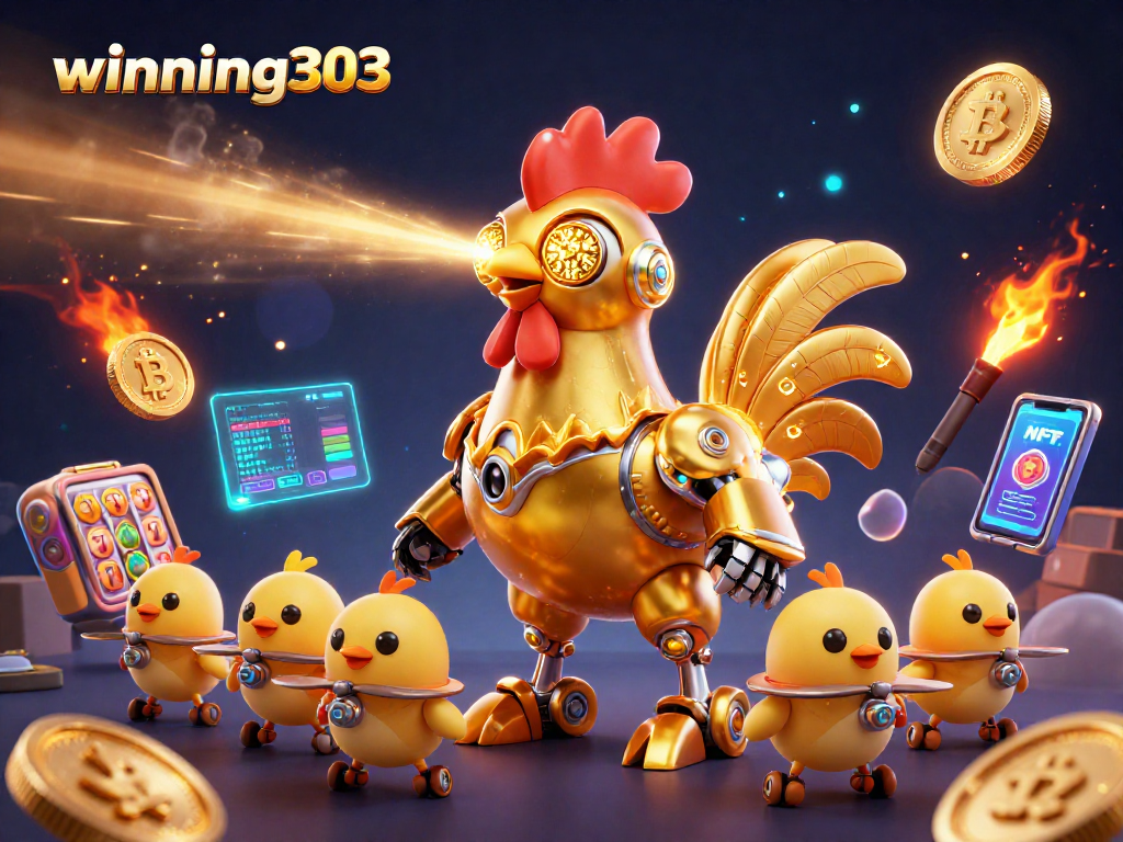 Winning303 showcases a dynamic casino scene with a golden rooster robot amidst slot game elements.