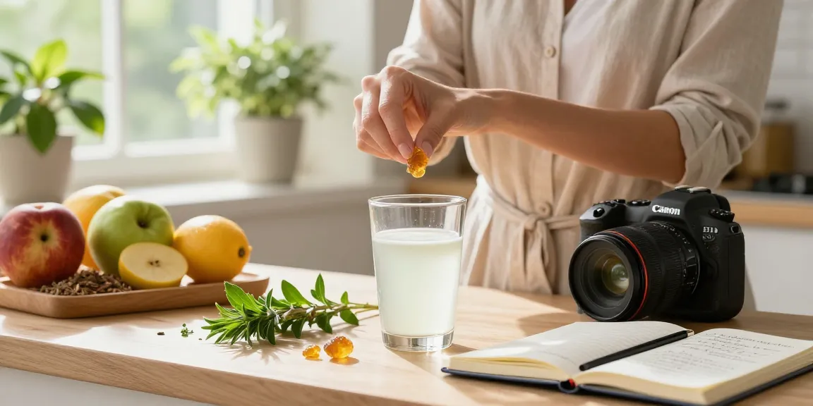 Health enthusiast preparing a drink with pure shilajit in a bright kitchen, promoting wellness.