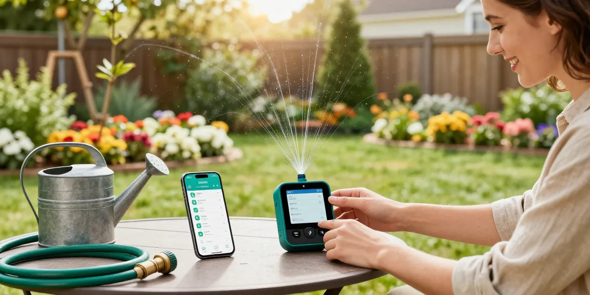 Homeowner setting up RainPoint WiFi water timer for efficient gardening, surrounded by vibrant flower beds and young trees.