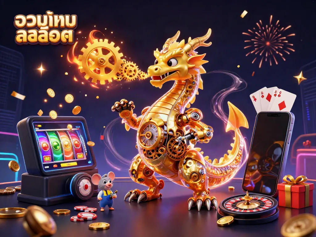 Experience thrilling gameplay with รวมเกมสล็อต, featuring a golden dragon, slot games, and festive elements.