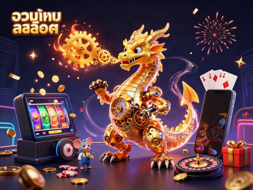 Experience thrilling gameplay with รวมเกมสล็อต, featuring a golden dragon, slot games, and festive elements.
