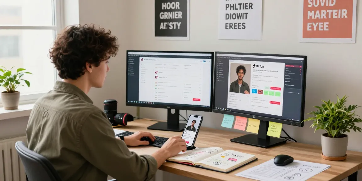 Content creator strategizing to buy instant TikTok videos views in a vibrant workspace filled with technology.