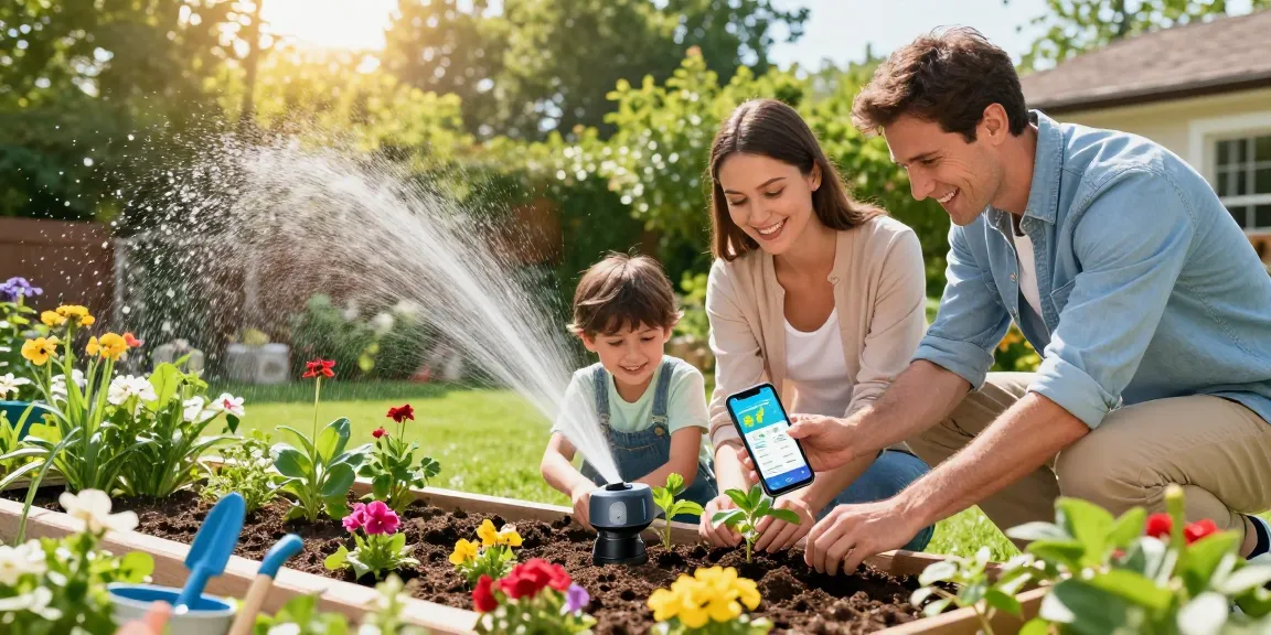 Smart sprinkler system in a family garden, showcasing efficient watering and lush plant growth.