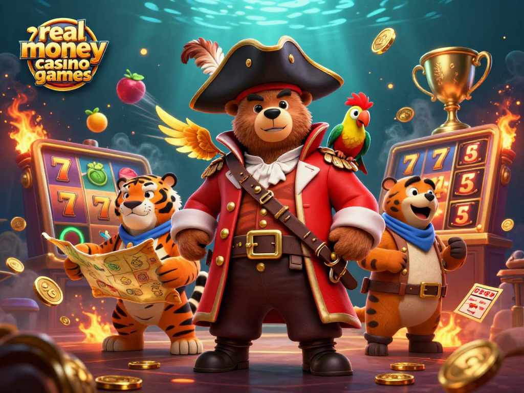 Engage in real money casino games with thrilling slot reels in a vibrant pirate-themed illustration.