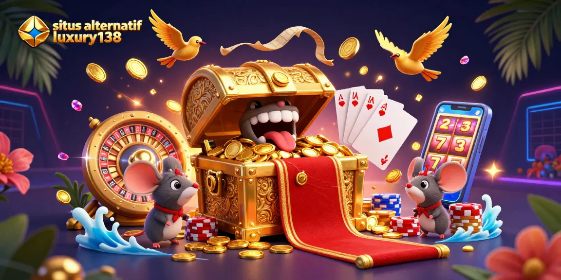 Situs alternatif luxury138 features exciting treasure scenes with golden coins, vibrant poker stacks, and thrilling casino elements.