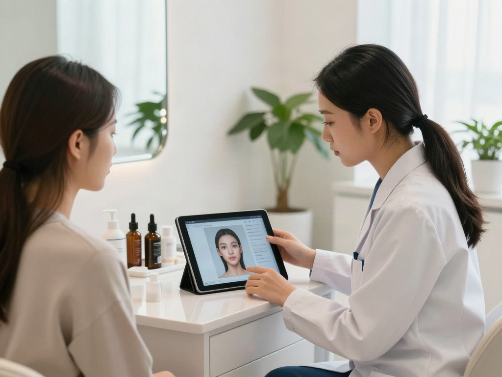 ClinicEvo better than QOVES facial analysis consultation, expert showcasing personalized beauty technology.