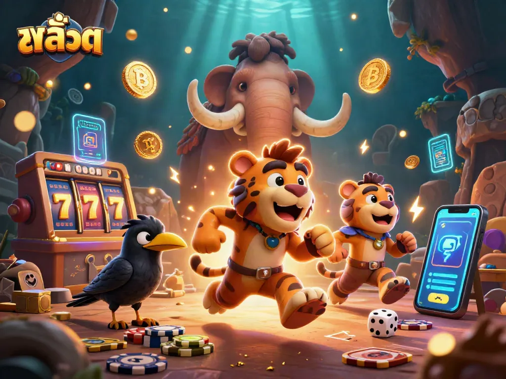 เล่นสล็อตในคาสิโนที่มีการ์ตูน caveman และสัตว์จำลอง, บอกคะแนนด้วยนกกา