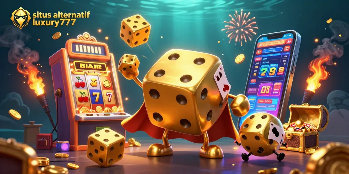 Swing for big wins with situs alternatif luxury777 in this thrilling casino-themed illustration featuring vibrant slot machines and golden dice.