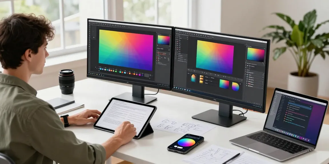 Innovative workspace showcasing Snipaste官网 in action, featuring dual monitors and annotations.