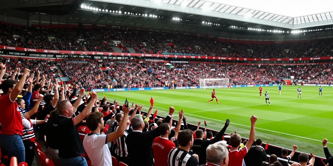 A vibrant football match at https://footballstandings.tv/ showcasing fans cheering for Liverpool and Newcastle United.