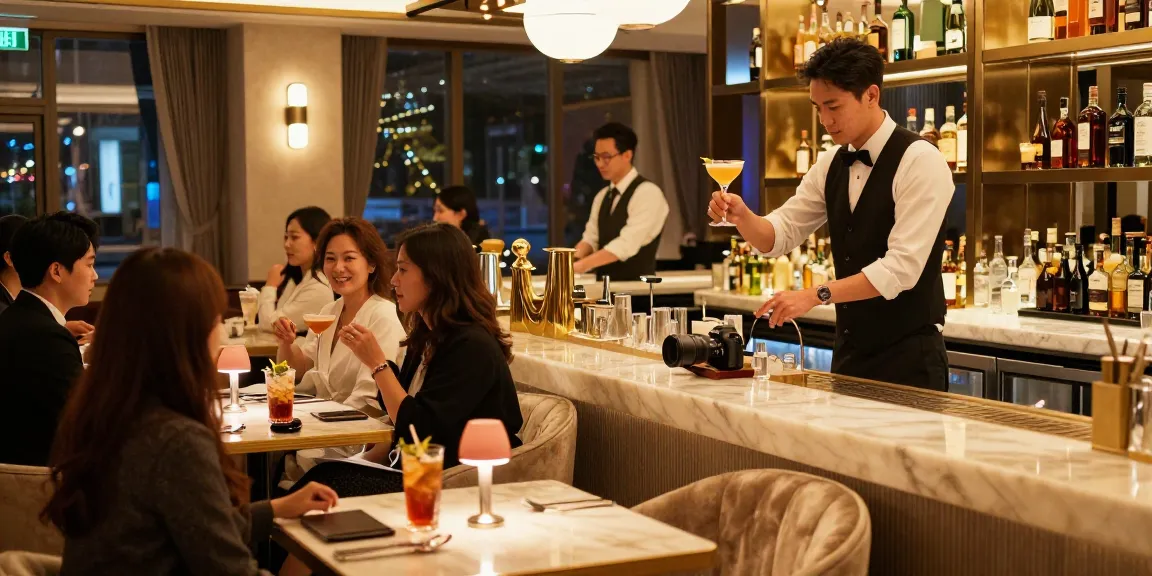 강남블랜딩에서 고급스러운 음료를 즐기는 손님들의 모습과 우아한 실내 인테리어