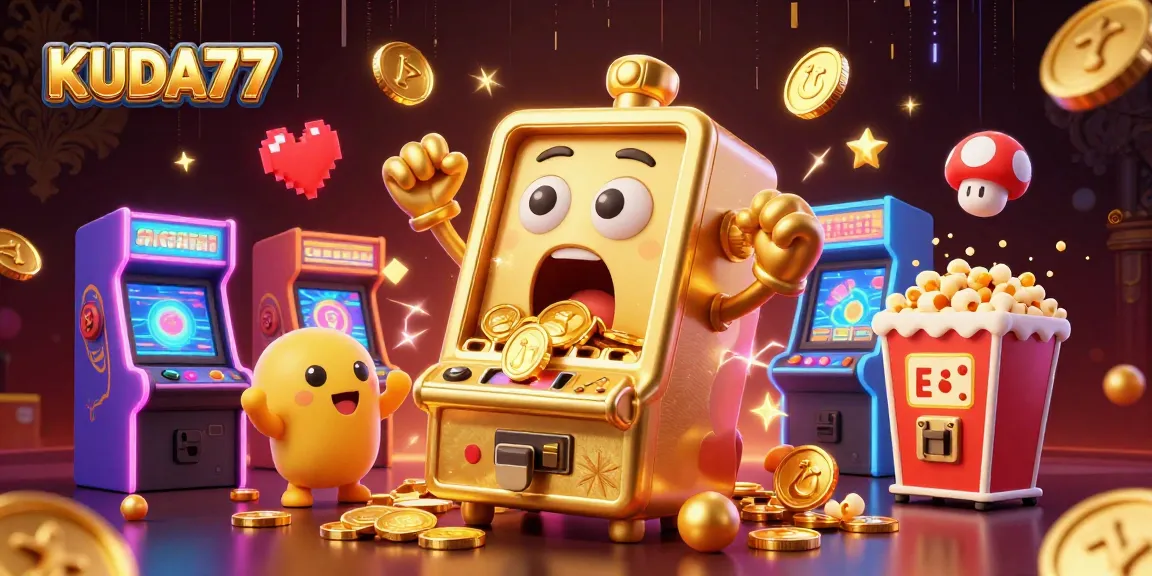 Mesin slot KUDA77 menang jackpot, bersinar dengan koin mengalir saat slot kecil bersorak