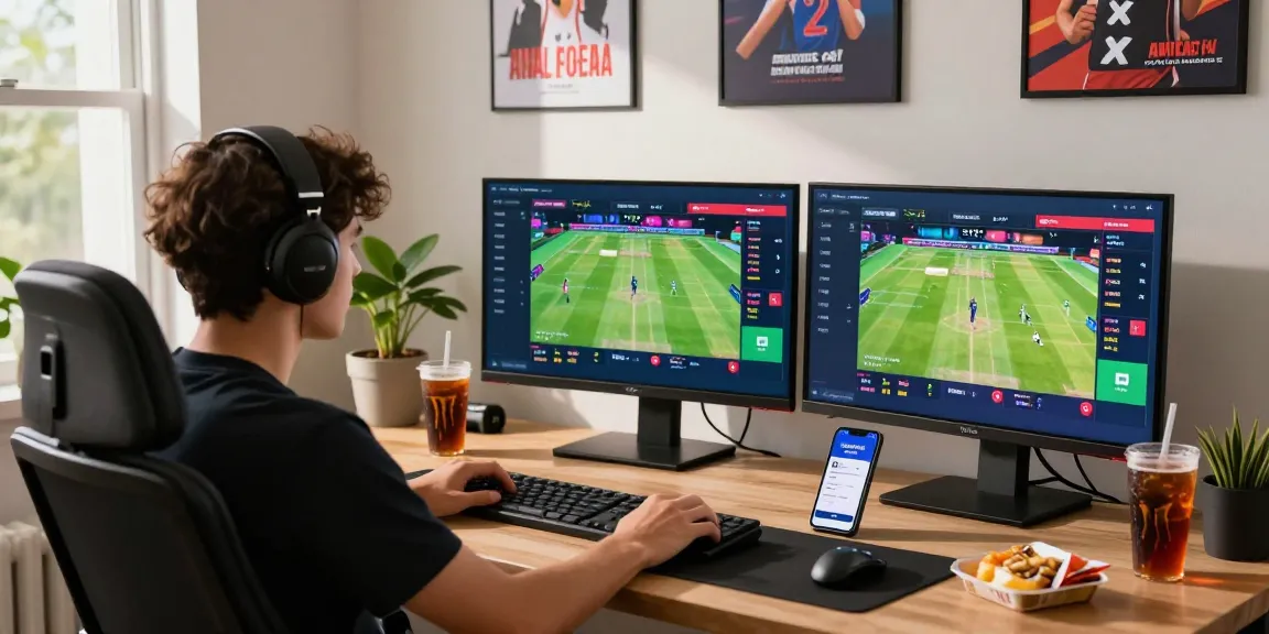 Engaged gamer using Fairplay24 for live cricket betting in a modern home office