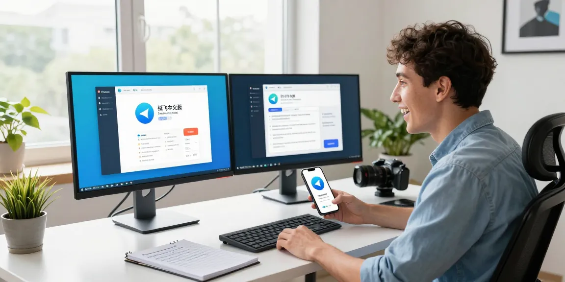 Engaged young professional using 纸飞机中文版 app at a modern tech workspace, dual monitors showcasing Telegram features.