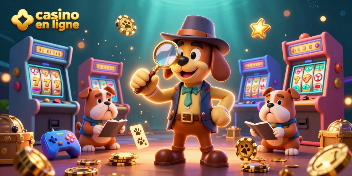 Découvrez l'excitation du casino en ligne avec un détective de dessin animé et des éléments de jeu vibrants capturant l'excitation.