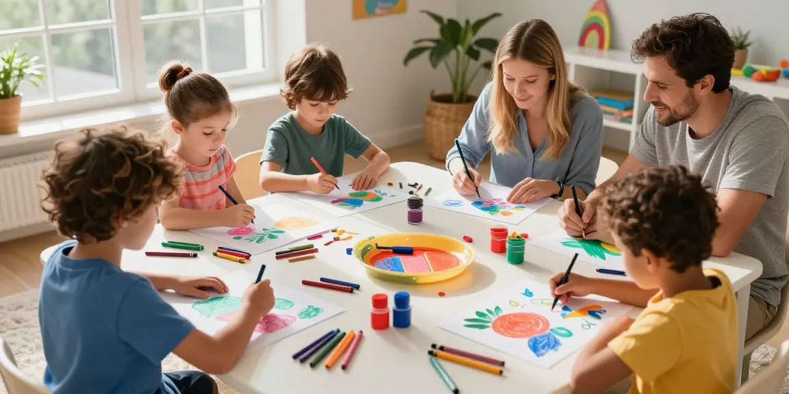 Kids having fun creating colorful pages for kids with art supplies.