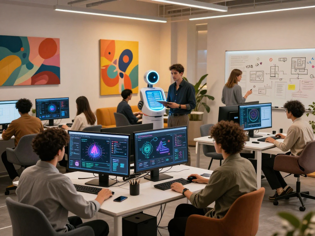 AI sluts in a collaborative tech workspace, showcasing innovative AI projects and diverse professionals.