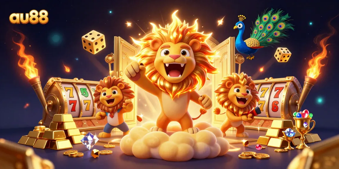 Play and win big with au88 in this colorful 3D casino illustration showcasing jackpots.