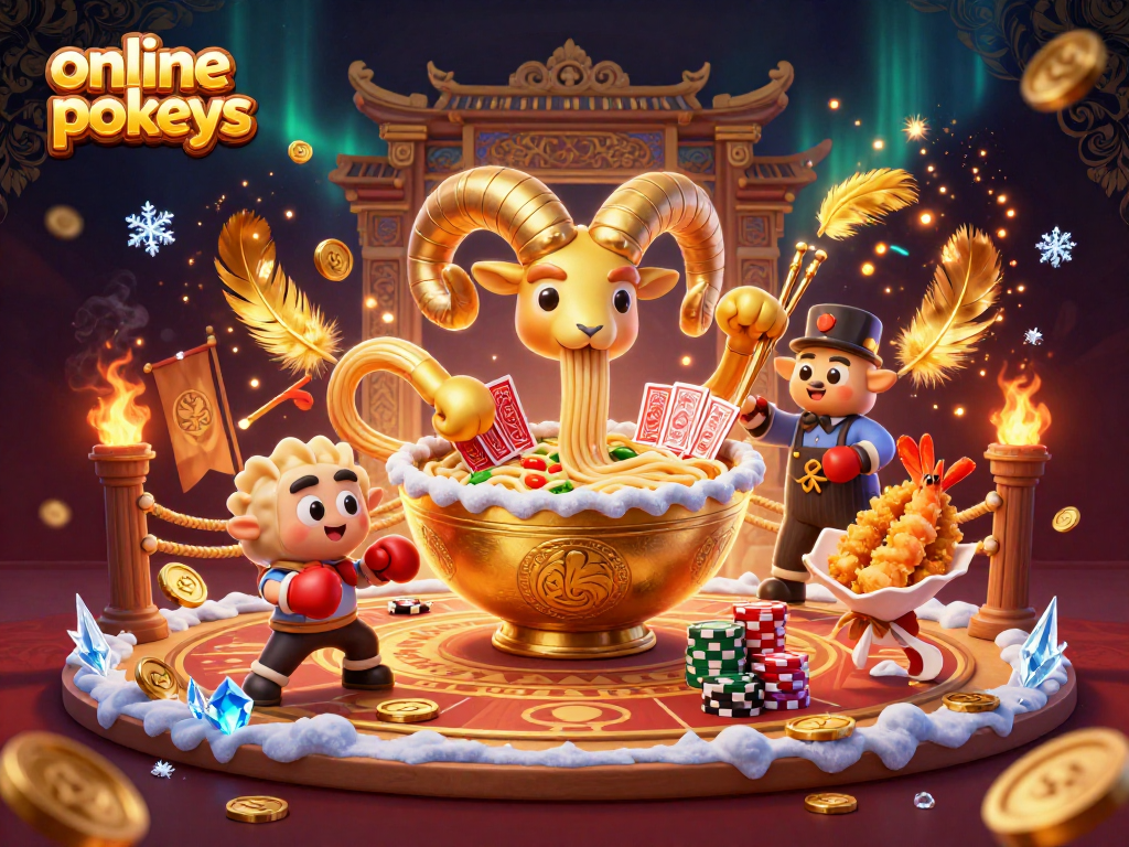 Engaging scene showcasing online pokies with a giant ramen bowl dealer and dynamic game elements.