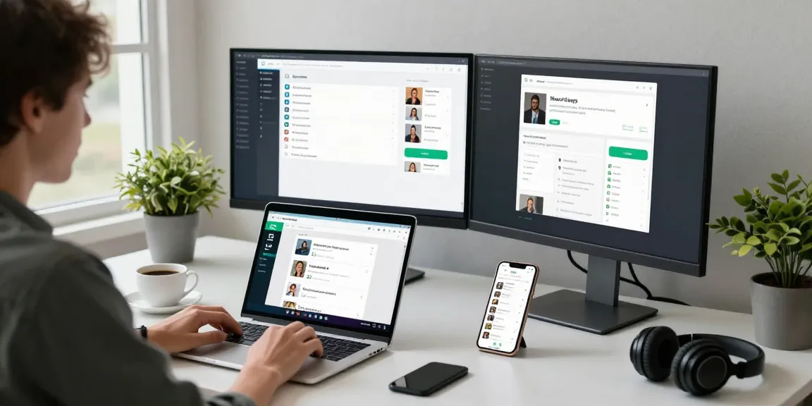 Communicating on WhatsApp網頁版 in a modern workspace with laptop and smartphone.