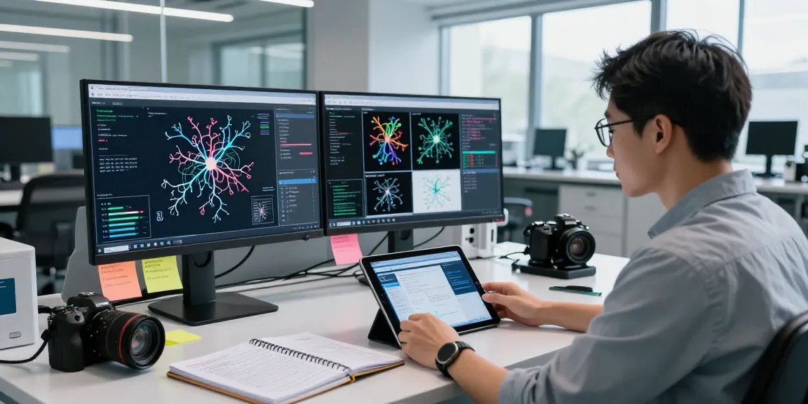 AI Image Detection analysis in a modern lab with a scientist reviewing image data on monitors.