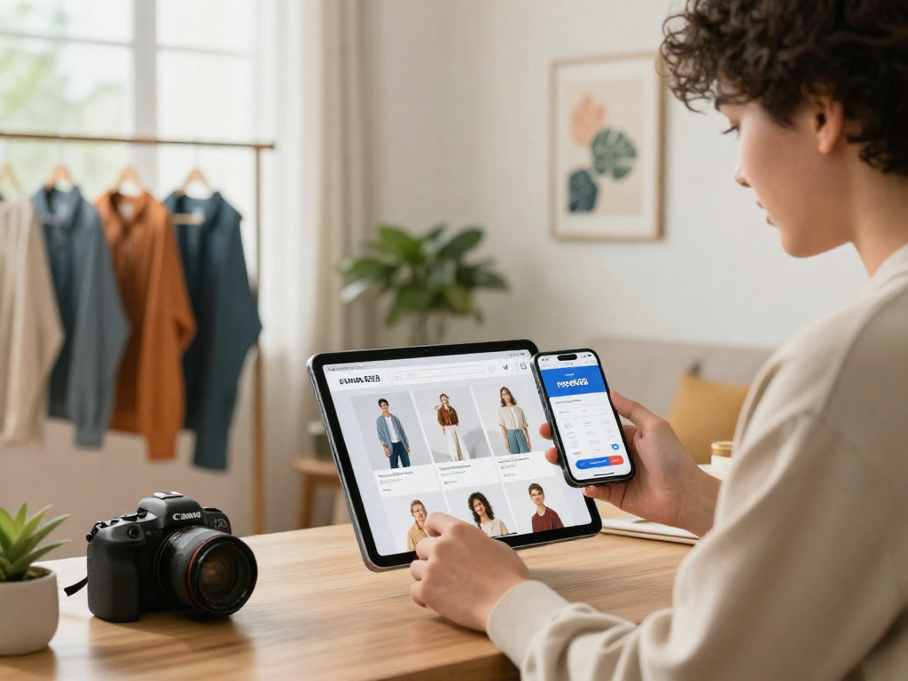 Youthful shopper engaging with rokok88 merchandise on a tablet in a stylish home setting