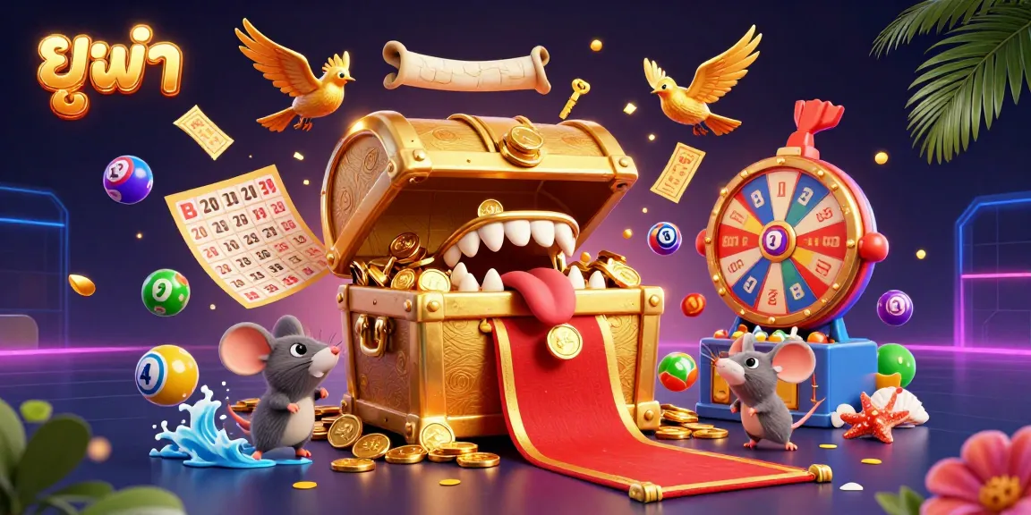 Engage in exciting gaming adventures with the golden treasure chest at ยูฟ้า, surrounded by vibrant lotteries and joyous surprises.