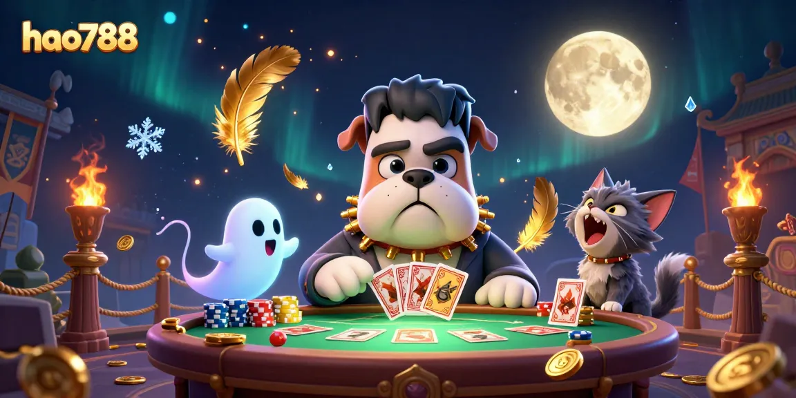 HAO788 menampilkan bulldog Frankenstein yang menghibur di meja kasino dengan koin emas bertebaran.