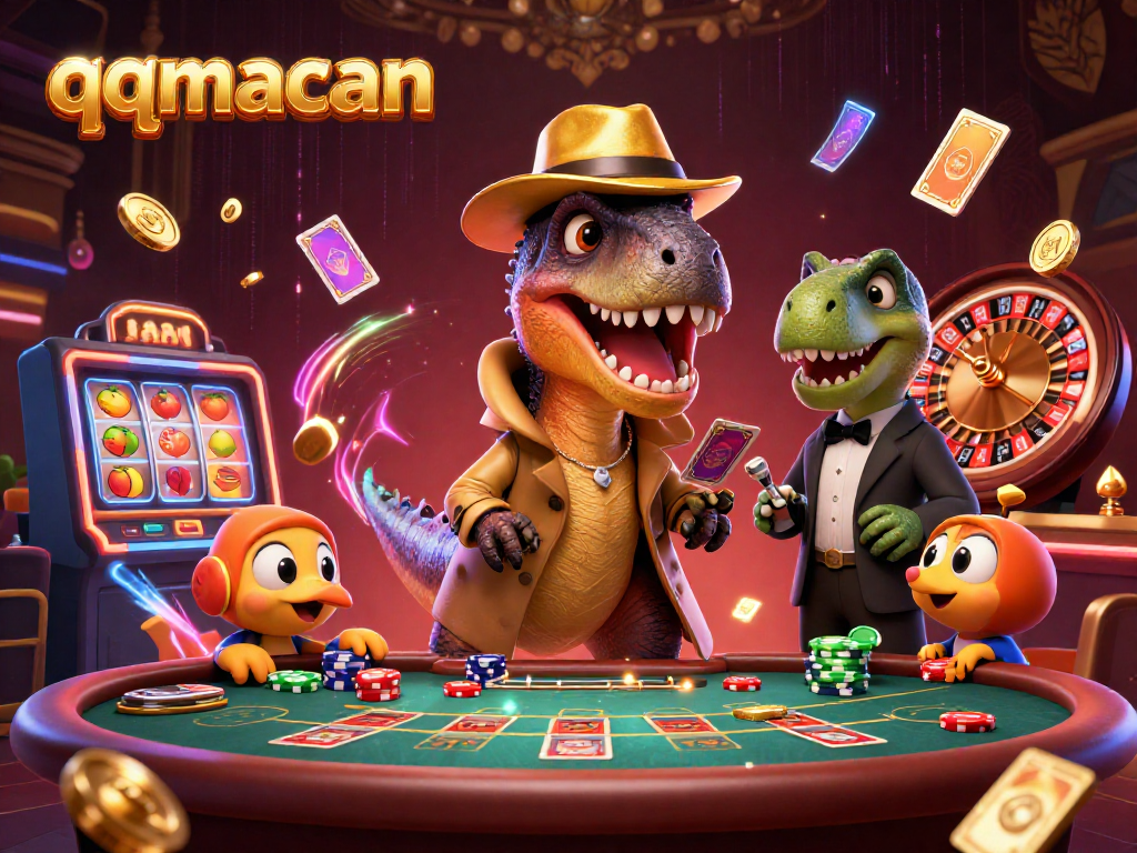 qqmacan showcases a velociraptor card counter sneaking chips at a vibrant blackjack table.