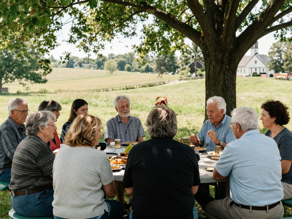 Group discussing mennonite doctrine in a natural outdoor setting with cultural elements.