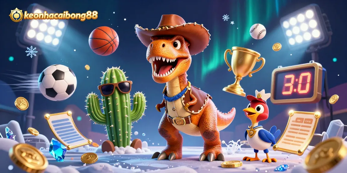 Bettors engage with keonhacaibong88 sports betting, featuring cartoon characters celebrating wins with flying sports elements.