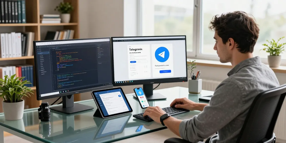 A software developer working on telegramin-cn.com in a modern office with multiple monitors and a sleek workspace.