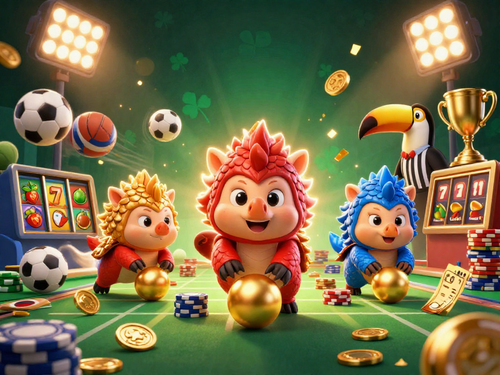 Xoilac game features rival pangolins rolling in golden balls amidst animated poker chips.