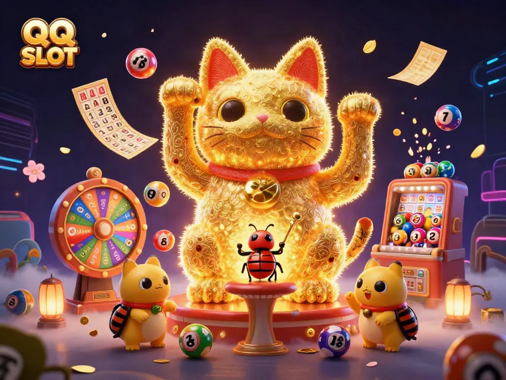 Experience the vibrant QQ SLOT universe with animated symbols and golden fireflies in a stunning casino scene.